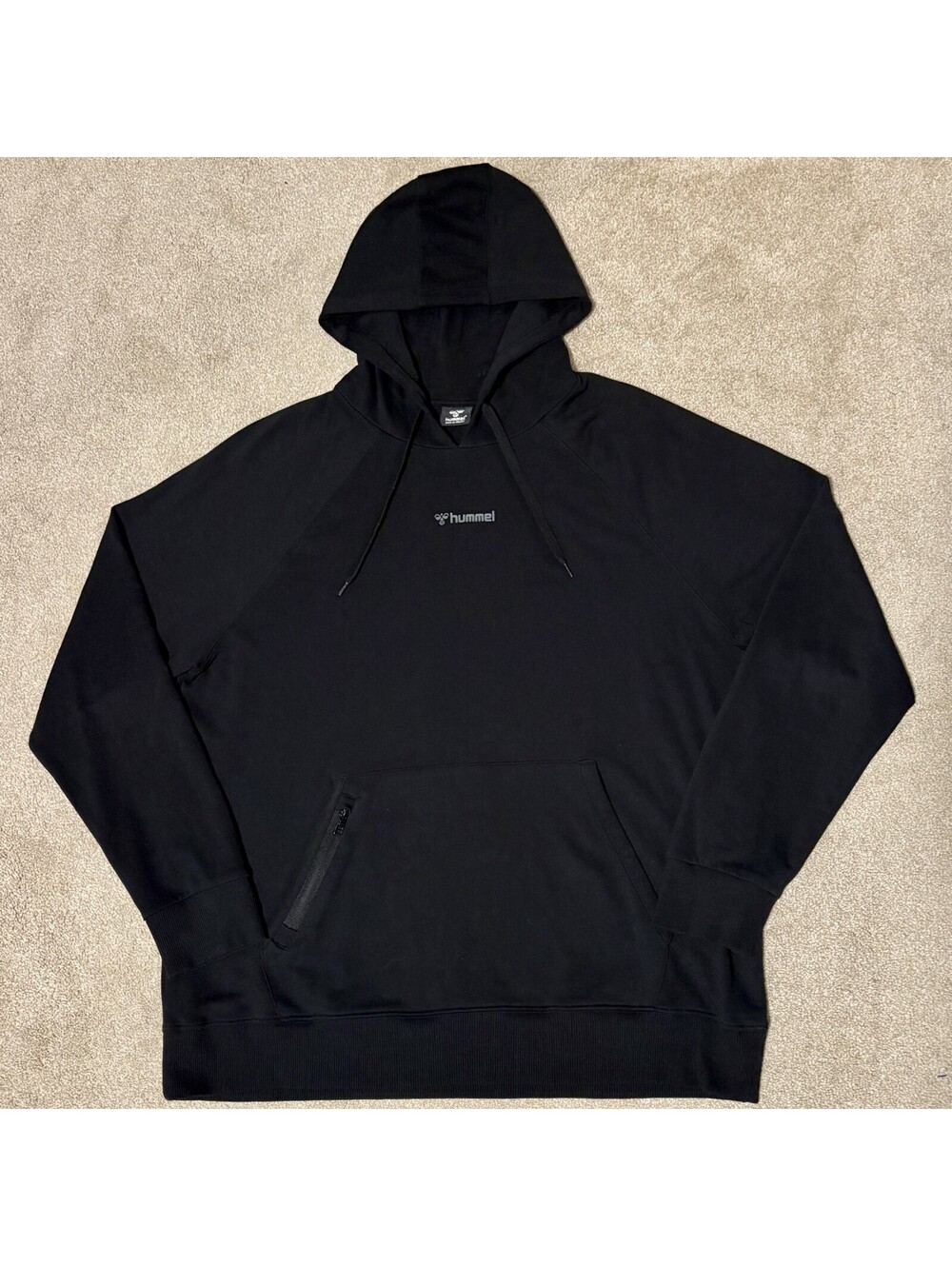 HUMMEL Mens XL Hoodie Sweatshirt Pullover Black Zip Pocket Danish Sportswear